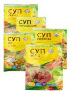 Суп АССОРТИ 5*60г гороховый с копченостями,рассольник,харчо,солянка,борщ с мясом 1*15